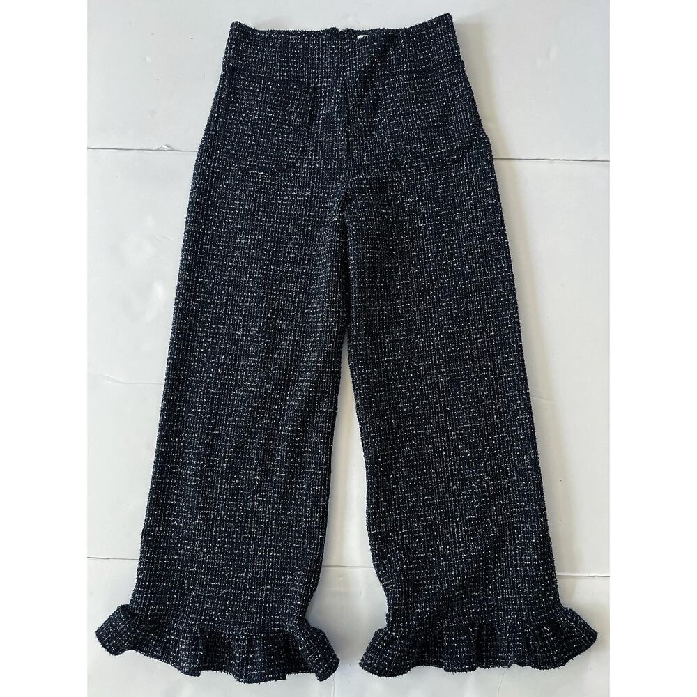 Maeve Anthropologie The Colette Pants Womens 28 Black Tweed Crop Wide Leg Ruffle